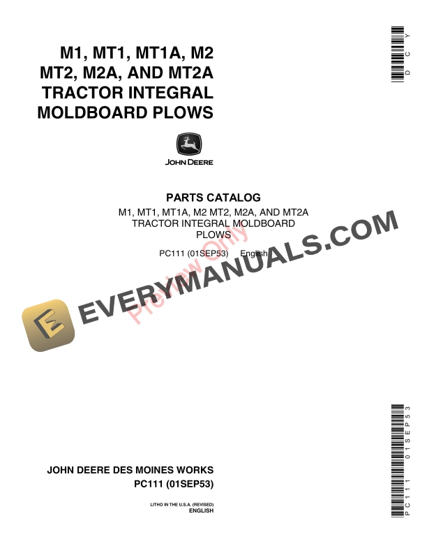 John Deere M1, MT1, MT1A, M2, MT2, M2A, MT2A Tractor Integral Moldboard Plows Parts Catalog PC111 01SEP53-1