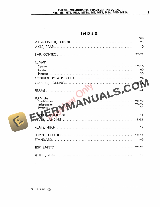 John Deere M1 MT1 MT1A M2 MT2 M2A MT2A Tractor Integral Moldboard Plows Parts Catalog PC111 01SEP53 5