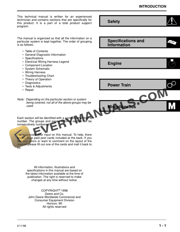 John Deere M10 M21 M23 21 In. Walk Behind Mowers Sabre Technical Manual TM1722 01FEB98 3