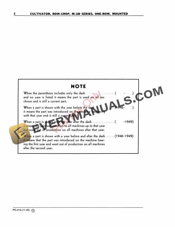 John Deere M100 Row-Cultivator Parts Catalog PC210 01NOV62-4