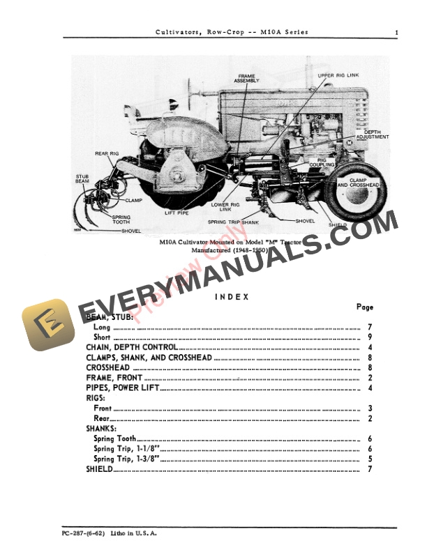John Deere M10A Series Row Crop Cultivators Parts Catalog PC287 01JUN62-3