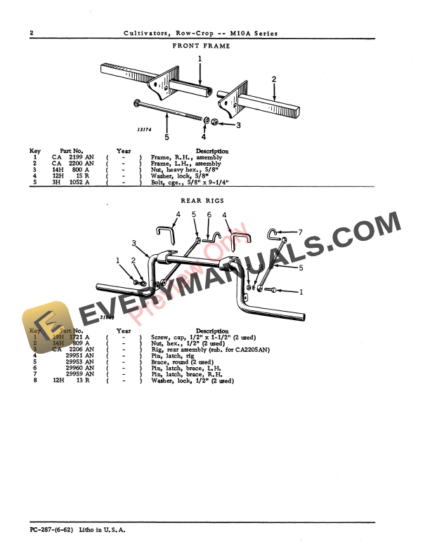 John Deere M10A Series Row Crop Cultivators Parts Catalog PC287 01JUN62-4