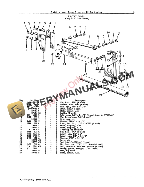 John Deere M10A Series Row Crop Cultivators Parts Catalog PC287 01JUN62-5