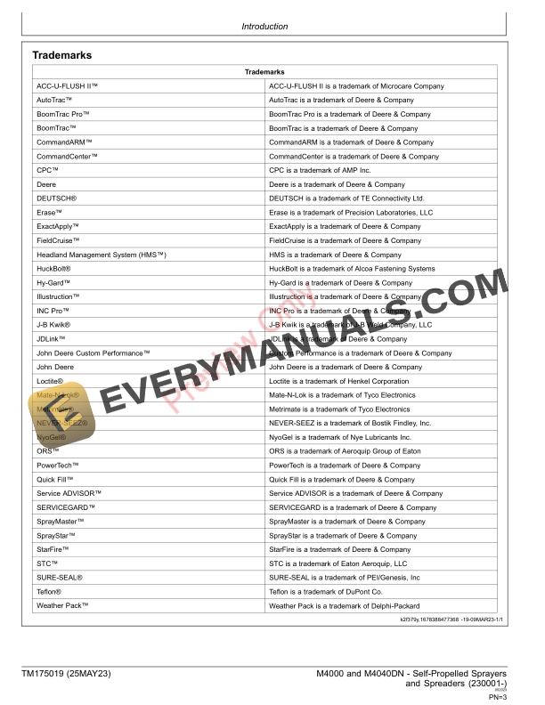 John Deere M4000 and M4040DN Self Propelled Sprayers and Spreaders 230001 Repair Technical Manual TM175019 25MAY23 3