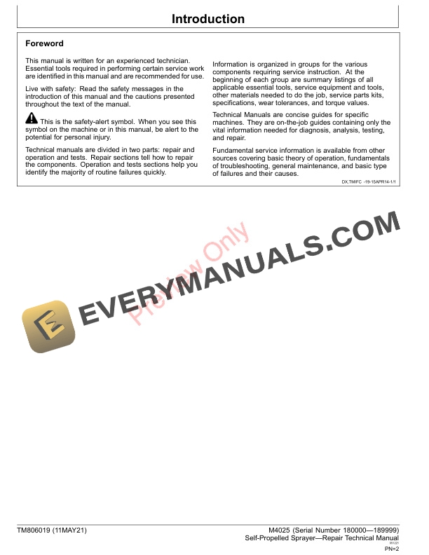 John Deere M4025 Self Propelled Sprayer 180000 189999 Repair Technical Manual TM806019 11MAY21 2