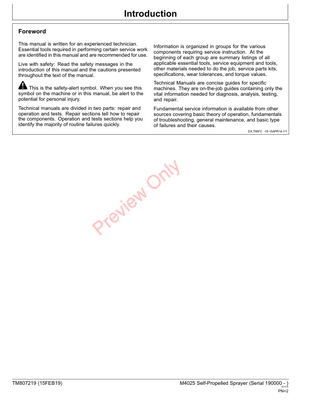John Deere M4025 Self Propelled Sprayer Diagnostic Technical Manual TM807219 15FEB19 2