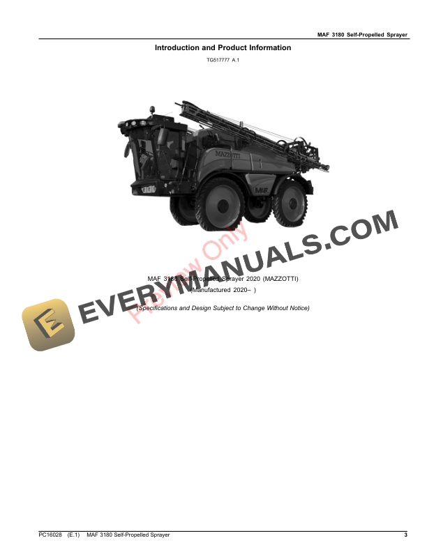 John Deere MAF 3180 Self-Propelled Sprayer Parts Catalog PC16028 10MAY23-3