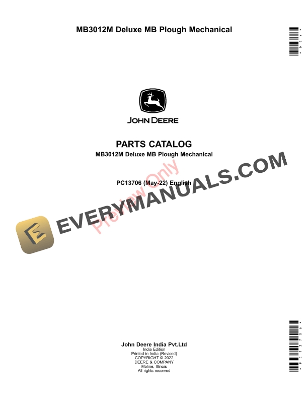 John Deere MB3012M Deluxe Moldboard Plow Mechanical Parts Catalog PC13706 04MAY22-1