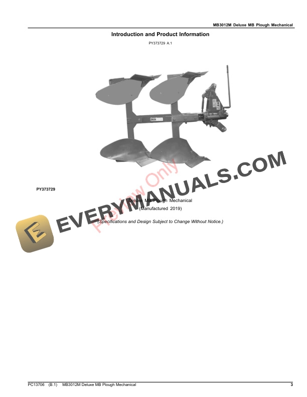 John Deere MB3012M Deluxe Moldboard Plow Mechanical Parts Catalog PC13706 04MAY22-3