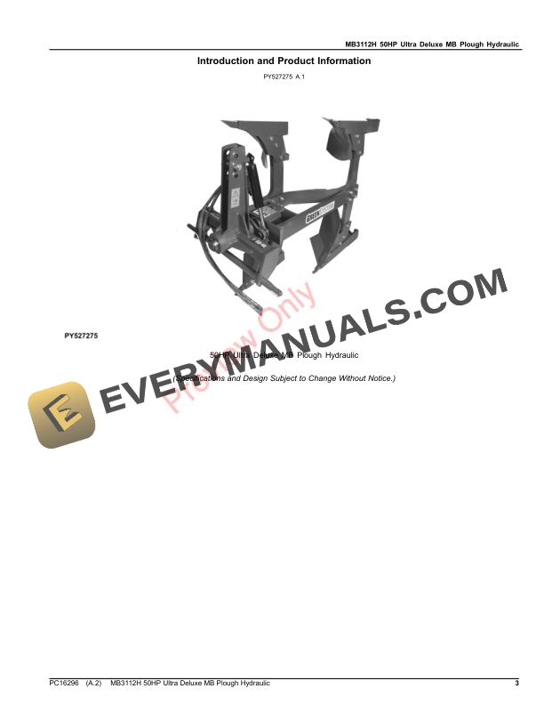 John Deere MB3112H 50HP Ultra Deluxe Moldboard Plow Hydraulic Parts Catalog PC16296 19SEP23-3