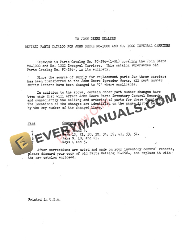 John Deere MC-1000, No. 1000 Integral Carrier Parts Catalog PC296 01JAN54-3