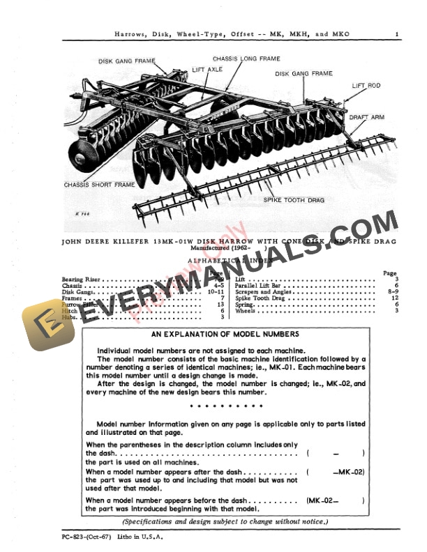 John Deere MK, MKH, MKO Wheel-Type Offset Disk Harrows Parts Catalog PC823 01OCT67-3