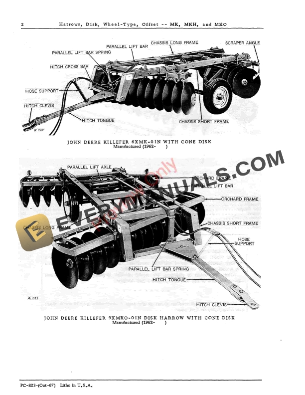 John Deere MK, MKH, MKO Wheel-Type Offset Disk Harrows Parts Catalog PC823 01OCT67-4