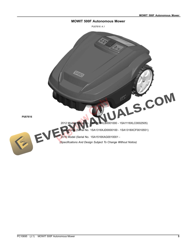 John Deere MOWIT 500F Autonomous Mower Parts Catalog PC10695 21MAY21 5