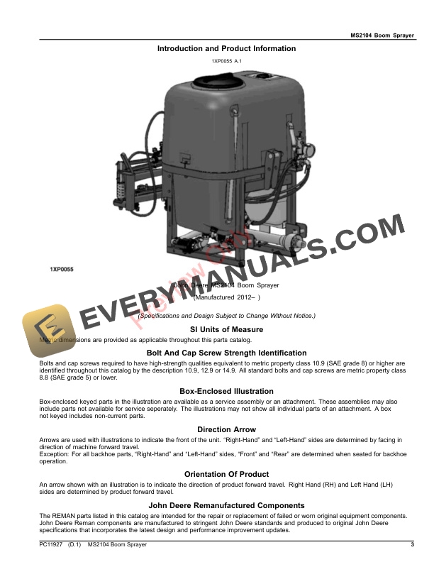 John Deere MS2104 Boom Sprayer Parts Catalog PC11927 06AUG23 3