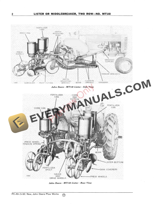 John Deere MT140 Two-Row Lister or Middlebreaker Parts Catalog PCA9 01MAY50-4