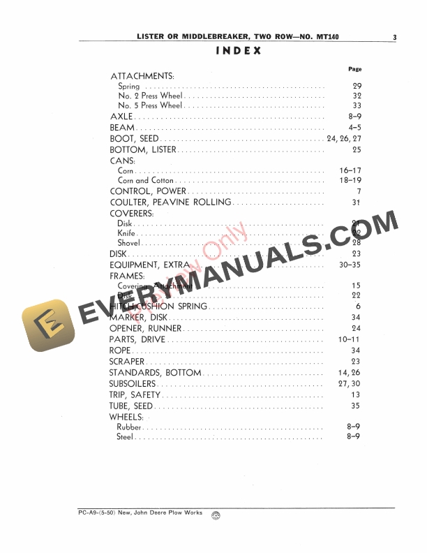 John Deere MT140 Two-Row Lister or Middlebreaker Parts Catalog PCA9 01MAY50-5