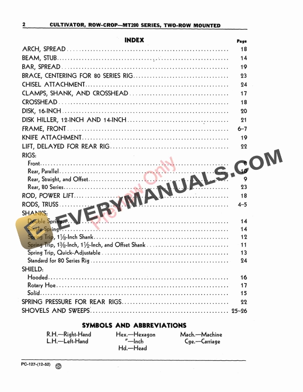 John Deere MT200 Row Crop Cultivator – MT200 Series Parts Catalog PC127 01DEC52-4