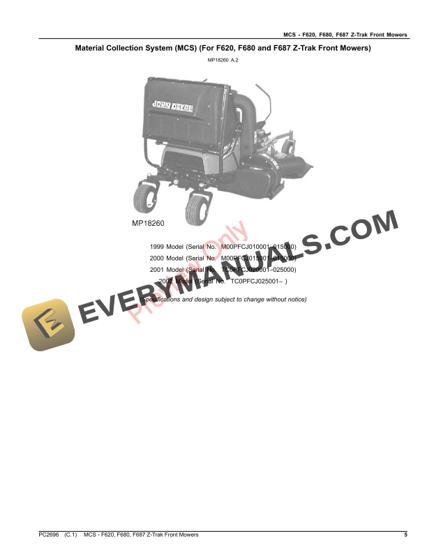 John Deere Material Collection System (MCS) For F620, F680 and F687 Ztrak Front Mowers Parts Catalog PC2696 14FEB22 6 John Deere Material Collection System (MCS) For F620, F680 and F687 Ztrak Front Mowers Parts Catalog PC2696 14FEB22-5