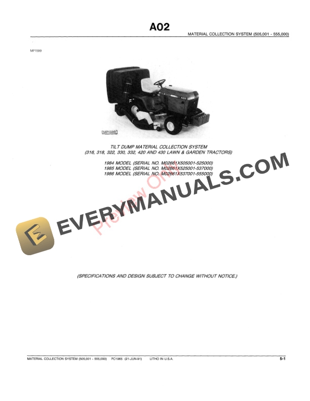 John Deere Material Collection System (Tilt Dump and Hydraulic Dump) Parts Catalog PC1965 21JUN91-3