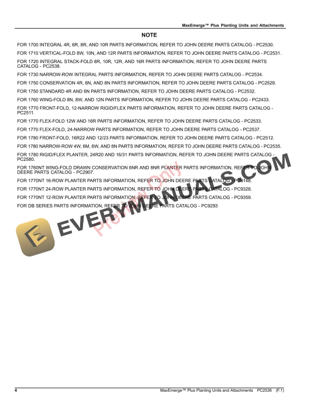 John Deere MaxEmerge Plus Planting Units and Attachments Parts Catalog PC2536 10MAR23-4