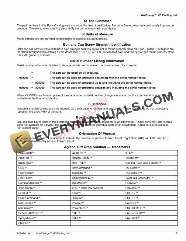 John Deere MaxEmerge XP Planting Unit Parts Catalog PC9478 26AUG23 6 John Deere MaxEmerge XP Planting Unit Parts Catalog PC9478 26AUG23-5