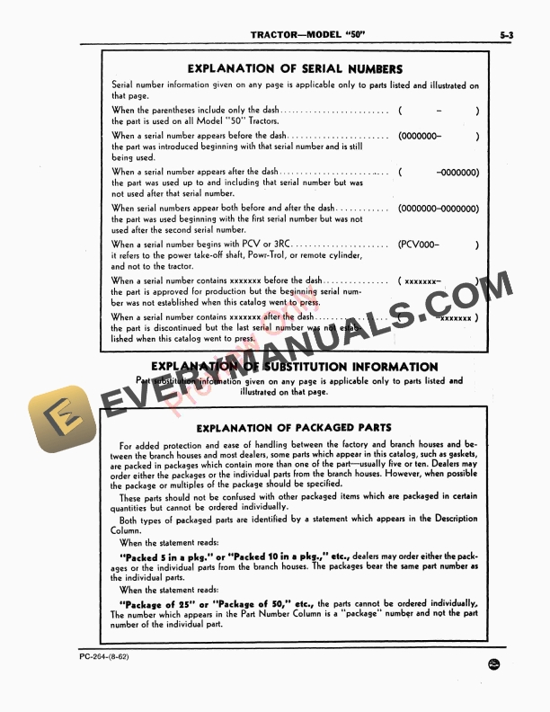 John Deere Model 50 Tractor Parts Catalog PC264 01AUG62-5