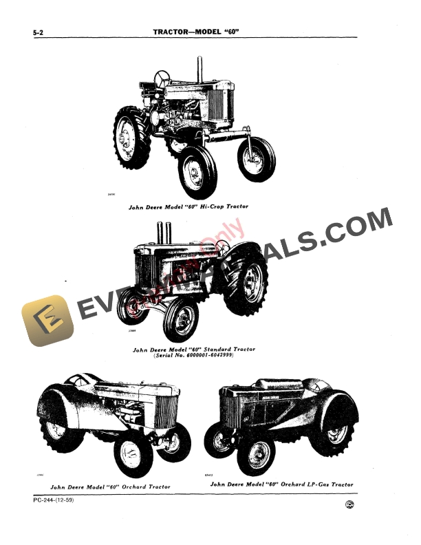 John Deere Model 60 Series Tractors Parts Catalog PC244 01AUG62 5 John Deere Model 60 Series Tractors Parts Catalog PC244 01AUG62-4
