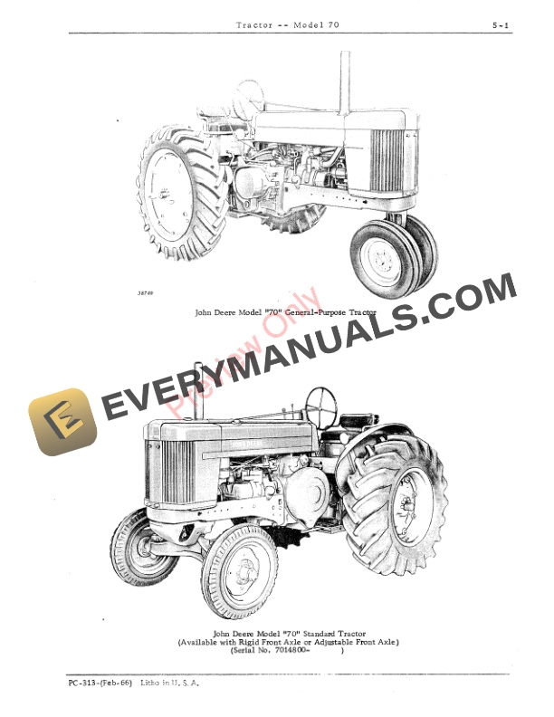 John Deere Model 70 Tractor Parts Catalog PC313 01FEB66-3
