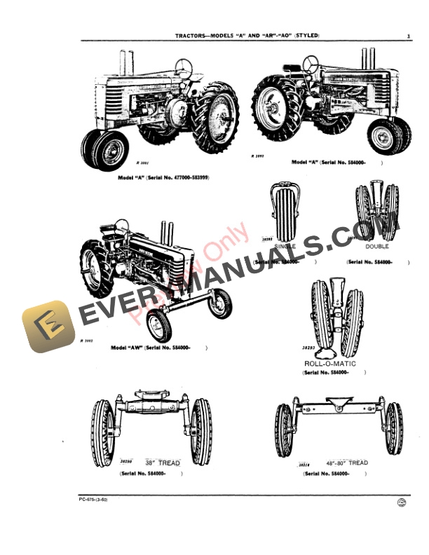 John Deere Model A, AN, ANH, AW, AWH (S.N. 477000 Parts Catalog PC675 01MAR60-3