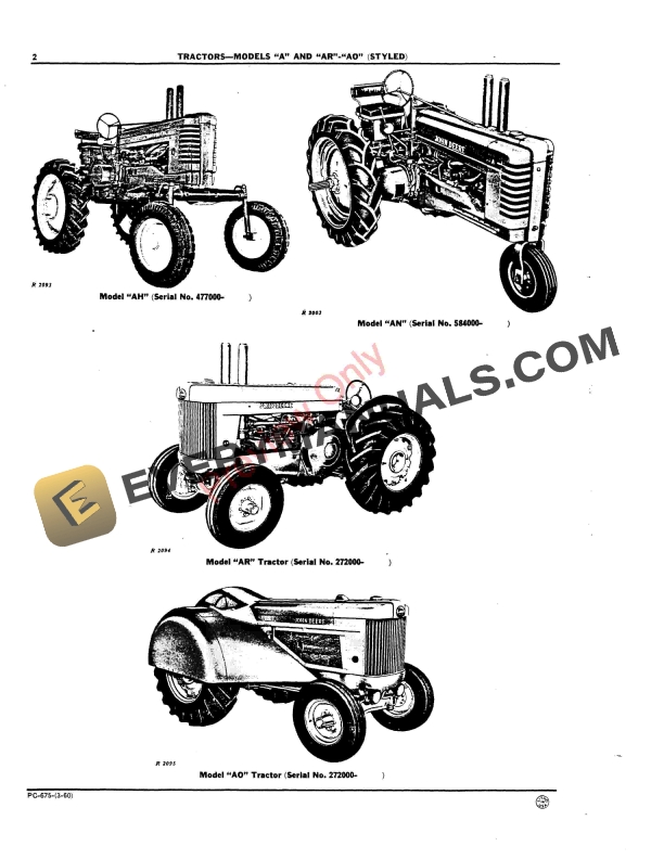 John Deere Model A, AN, ANH, AW, AWH (S.N. 477000 Parts Catalog PC675 01MAR60-4