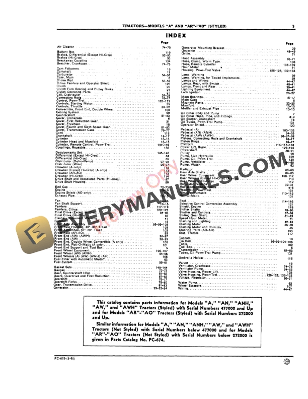 John Deere Model A, AN, ANH, AW, AWH (S.N. 477000 Parts Catalog PC675 01MAR60-5