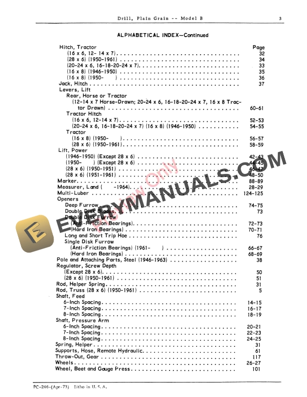 John Deere Model B Plain Grain Drill (Van Brunt) (16×6, 20×6, 24×6, 28×6, 12×7, 14×7, 16×7, 18×7, 20×7, 24×7, 12×8, 16×8) Parts Catalog PC246 01APR73-5