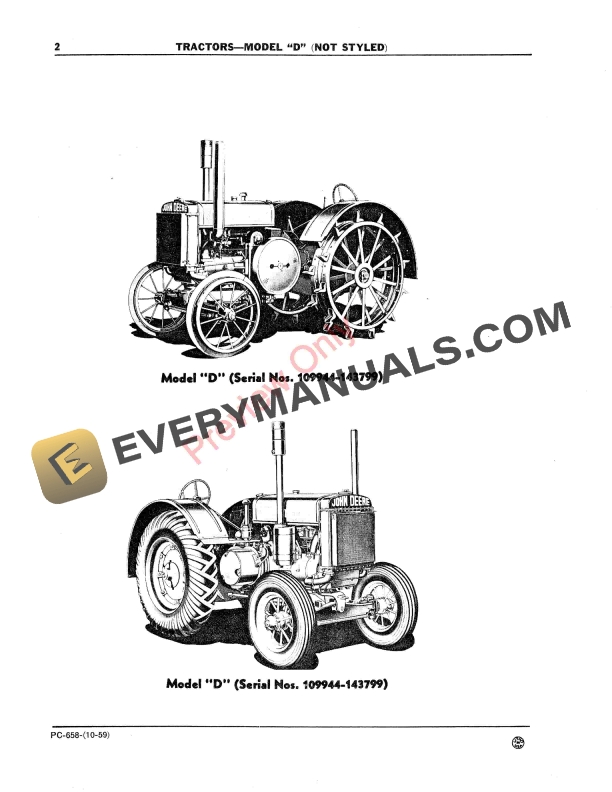 John Deere Model D Tractor, Not Styled Parts Catalog PC658 01OCT59 5 John Deere Model D Tractor, Not Styled Parts Catalog PC658 01OCT59-4