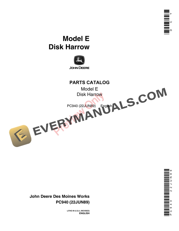 John Deere Model E Disk Harrow Parts Catalog PC940 22JUN89-1