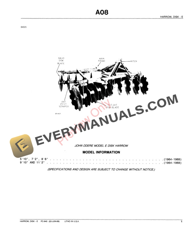 John Deere Model E Disk Harrow Parts Catalog PC940 22JUN89-3