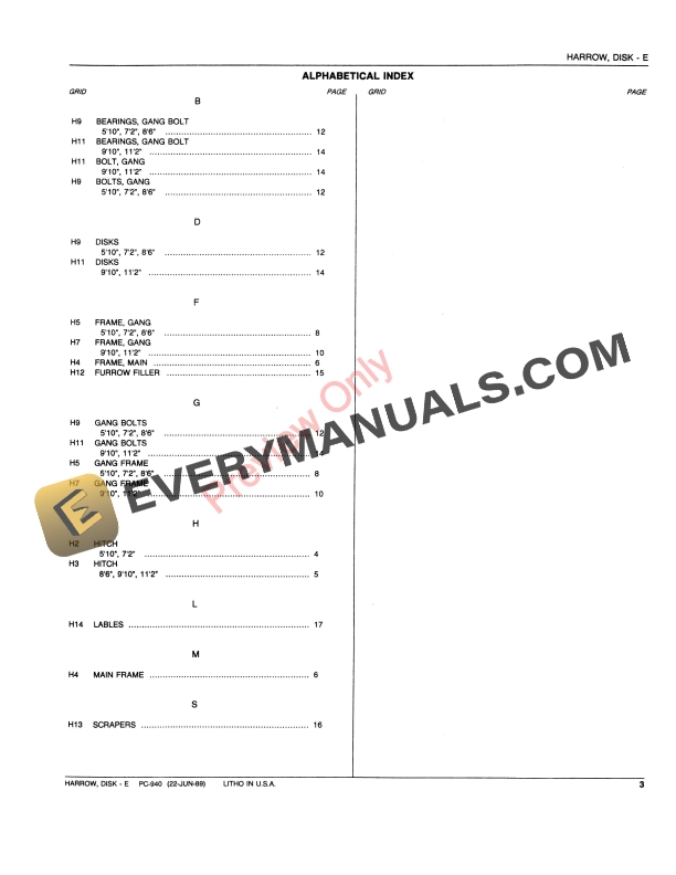 John Deere Model E Disk Harrow Parts Catalog PC940 22JUN89-5