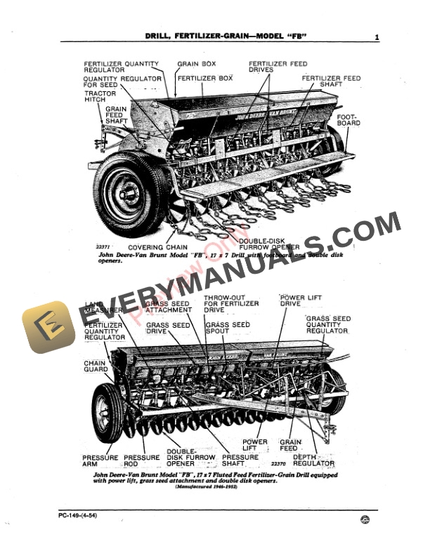 John Deere Model ‘FB’ Fertilizer-Grain Drill Parts Catalog PC149 01APR54-3