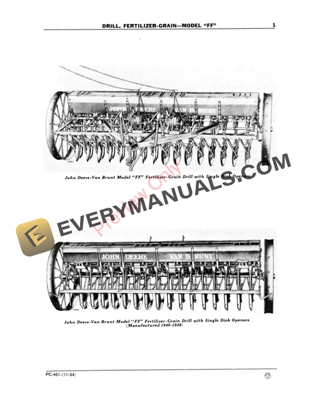 John Deere Model FF Fertilizer Grain Drill Parts Catalog PC451 01NOV54-3