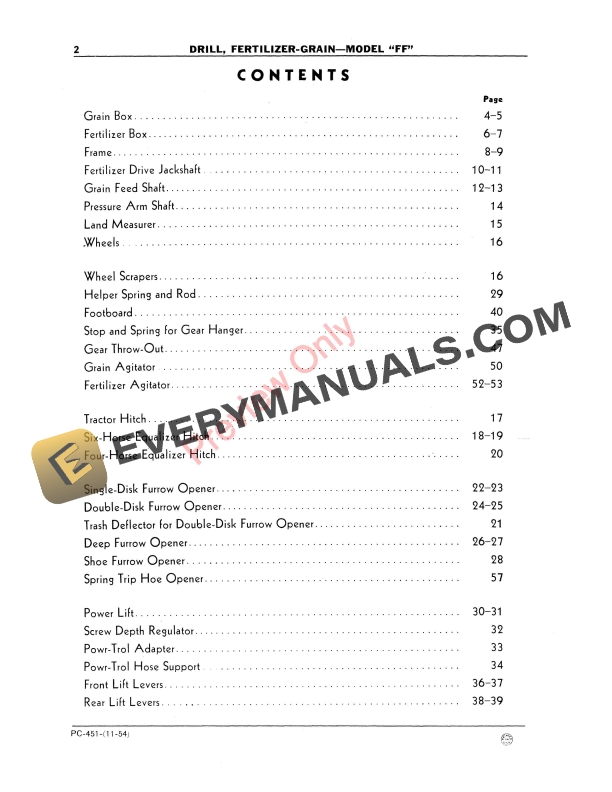 John Deere Model FF Fertilizer Grain Drill Parts Catalog PC451 01NOV54-4