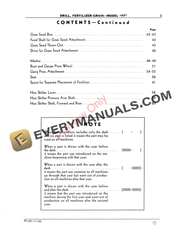John Deere Model FF Fertilizer Grain Drill Parts Catalog PC451 01NOV54-5