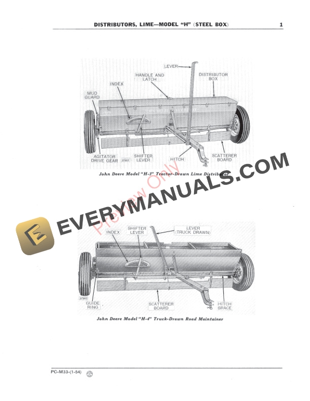 John Deere Model H, H-3 and H-4 Lime Distributors Parts Catalog PCM33 01JAN54-3