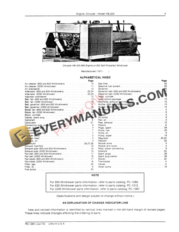 John Deere Model HB-225 Chrysler Engine Parts Catalog PC1261 01JUL73-3