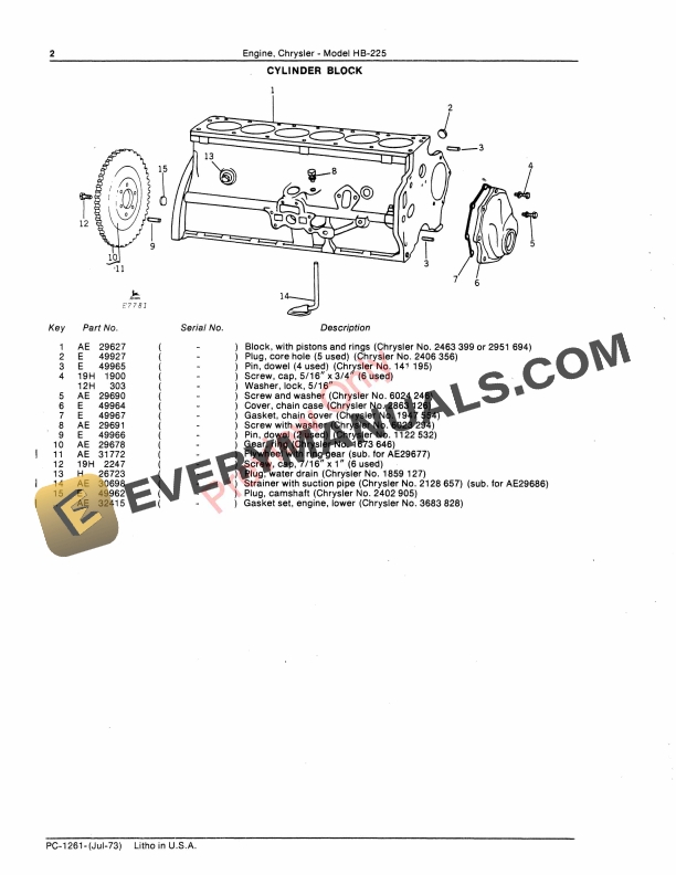 John Deere Model HB-225 Chrysler Engine Parts Catalog PC1261 01JUL73-4