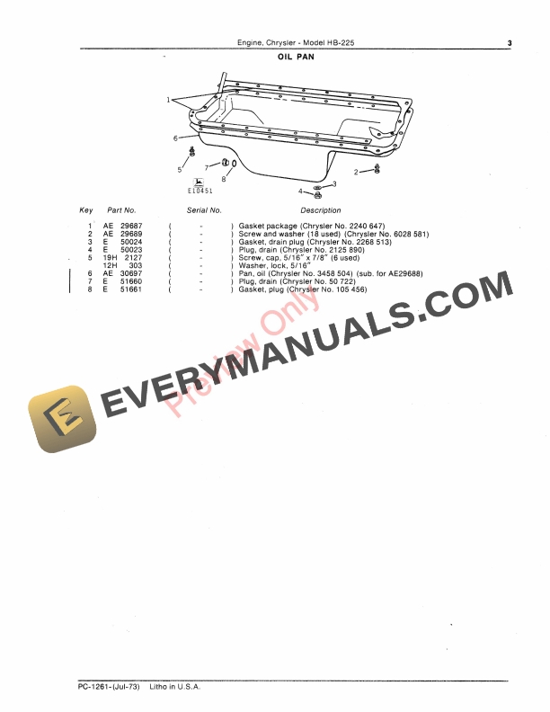 John Deere Model HB-225 Chrysler Engine Parts Catalog PC1261 01JUL73-5