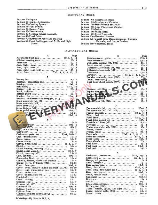 John Deere Model M Series Tractors Parts Catalog PC848 01APR63-5