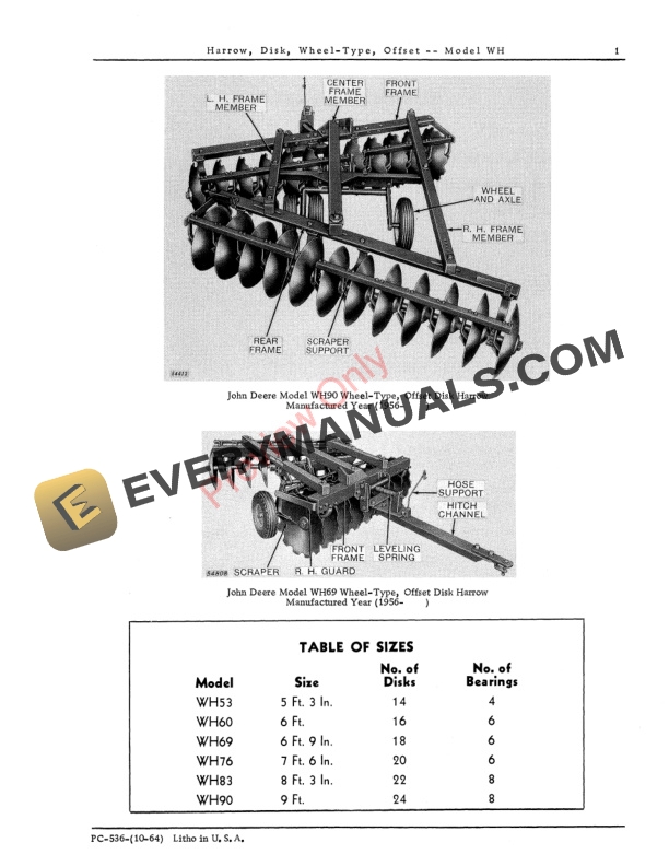 John Deere Model WH Wheel-Type Offset Disk Harrow Parts Catalog PC536 01OCT64-3