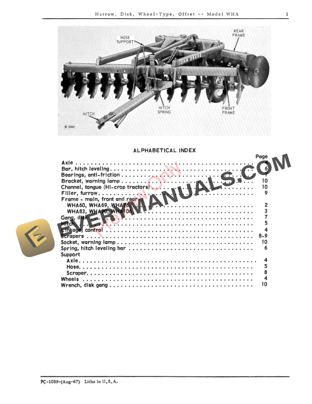 John Deere Model WHA Wheel Type Offset Disk Parts Catalog PC1039 01AUG67 3