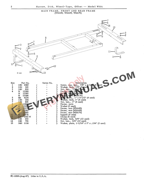 John Deere Model WHA Wheel Type Offset Disk Parts Catalog PC1039 01AUG67 4