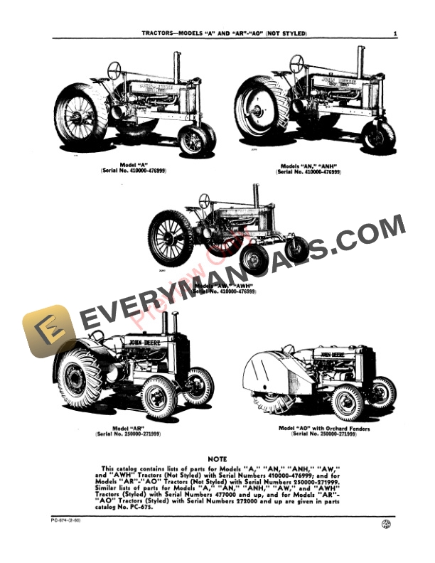 John Deere Models A, AN, ANH, AW, AWH Tractors (S.N. 410000 Parts Catalog PC674 01FEB60-3